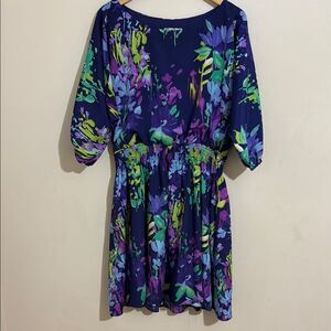 Eliza J Purple Floral Print Dress 3/4 Sleeve Smocked Waist size 14 Office Events